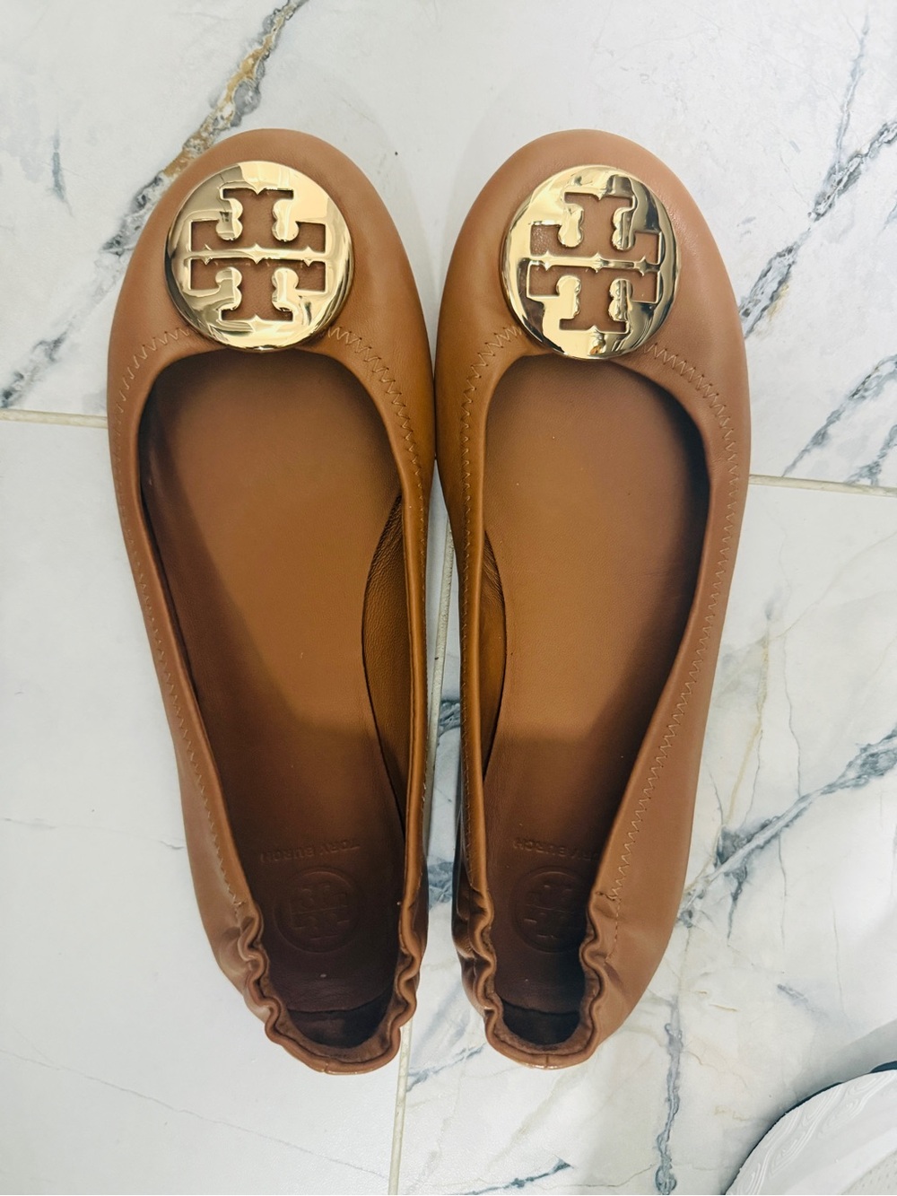Tory Burch Cognac Leather Logo Ballet Flats